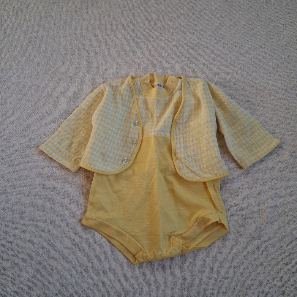 vintage baby outfit 80s 90s gingham yellow grandmacore pastel